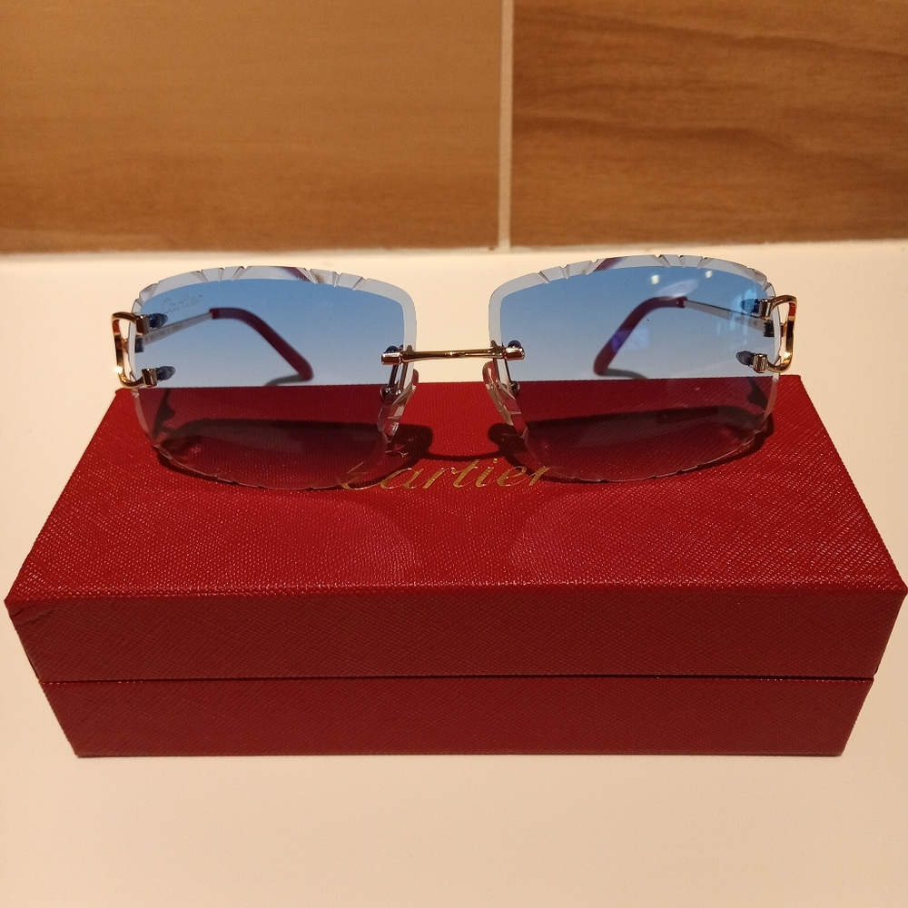 Cartier C decor Blue Tint Gold Wire Diamond Cut Lens Rimless Glasses